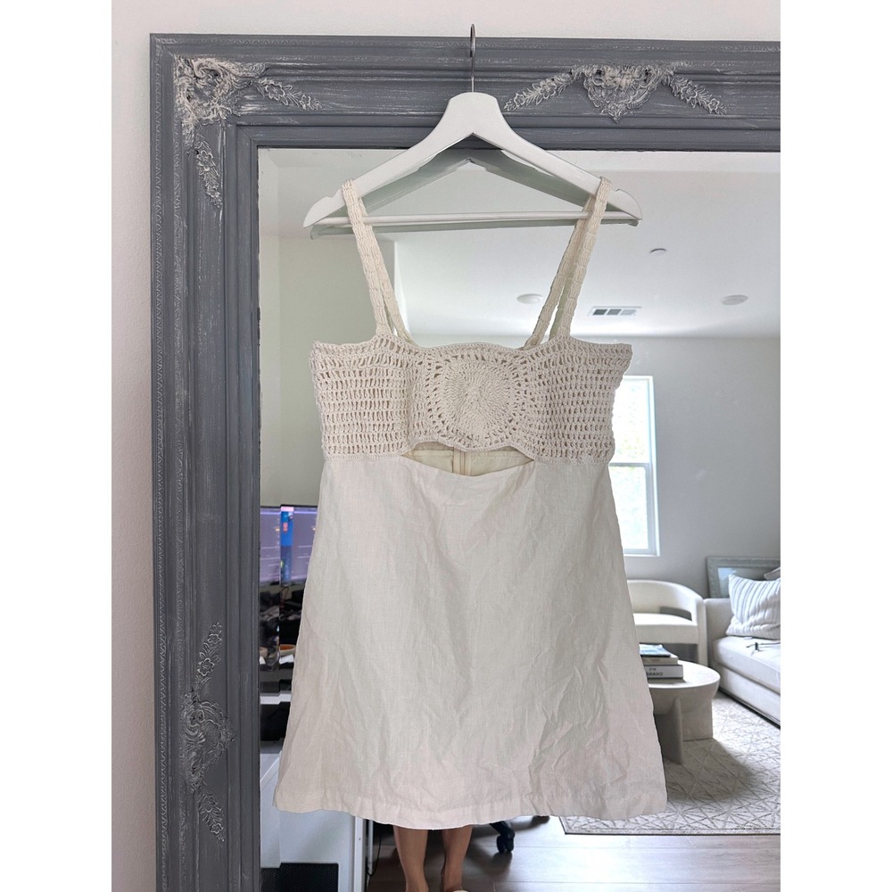L'Academie Lea Dress Linen Crochet Cutout Mini Dress Smock Back Cream White M - Picture 5 of 11